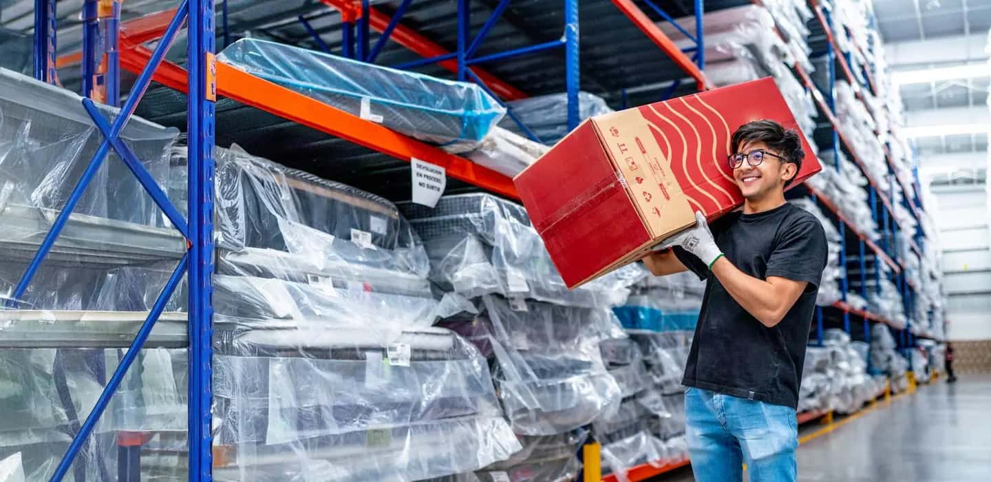 Warehouse Worker Handling Box on Storage Aisle